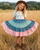 Girls Fall Ava Blue Bow Floral Tiered Twirl Dress