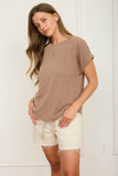 RIBBED CREW NECK SHORT CUFF SLEEVE KNIT TOP - Mocha