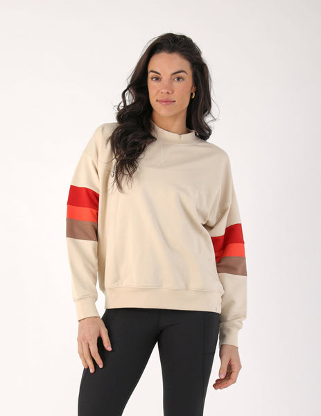 Vintage Oversized Crew: Oatmilk with Scarlet/Hot Coral/Mocha Stripes