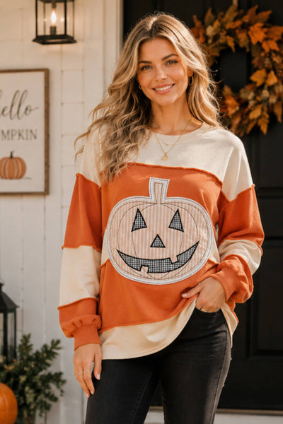Pumpkin Appliqué Color Block Pullover