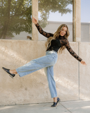 Black Mock Neck Floral Lace Mesh Long Sleeve Top - Black