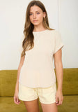 RIBBED CREW NECK SHORT CUFF SLEEVE KNIT TOP - Cream