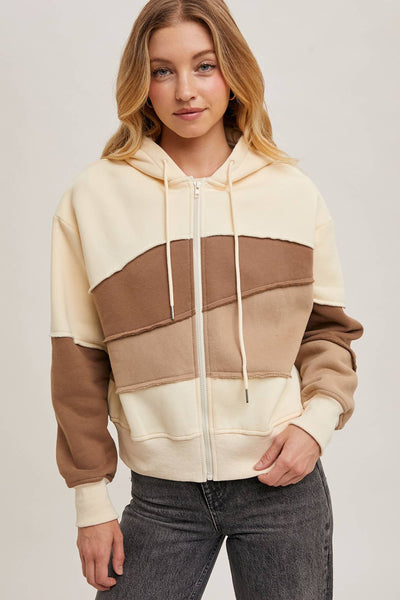 ZIPPER FRONT PATCHWORK LANDSCAPE HOODIE JACKET