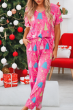 Christmas Tree Print V Neck Tee and Pants Lounge Set