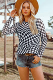 Western Checkered Pattern Mesh Mock Neck Long Sleeve Top