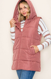 HOODED SOLID DUSTER PUFFER VEST - Marsala