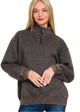 Kelly Acid Wash Fleece Half Zip Pullover - Ash Black
