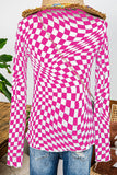 Western Checkered Pattern Mesh Mock Neck Long Sleeve Top
