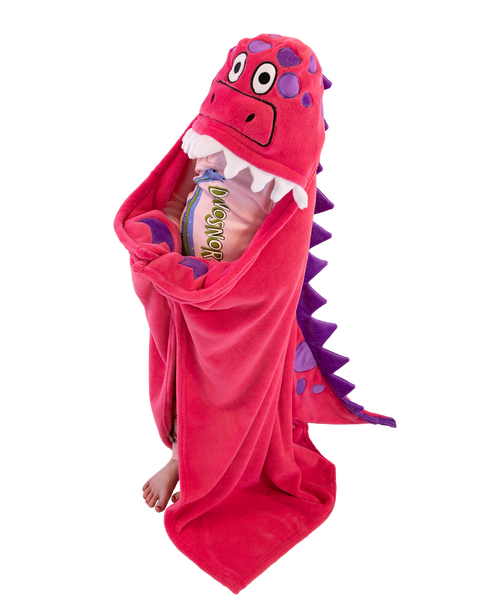 Wearable Hooded Fleece Blankets For Kids - Pink Dinosaur