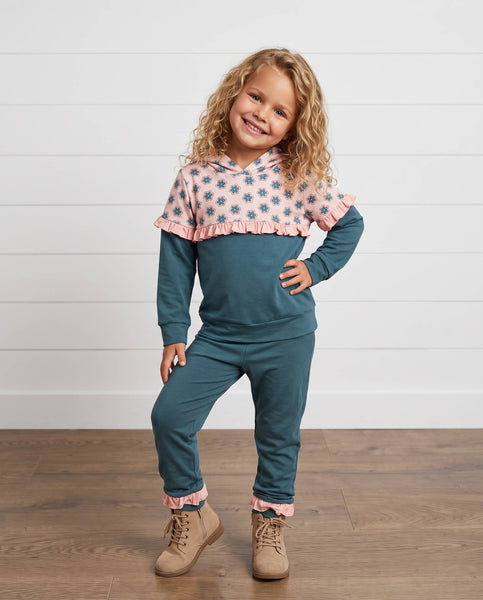 Girls Molly Teal Bloom Floral Winter Fall Hooded Sweat Set