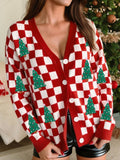 Checkered Christmas Tree Button V Neck Sweater Cardigan