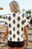 Boho Geometric Print Short Sleeve V Neck Blouse