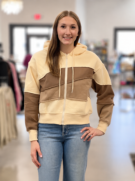 ZIPPER FRONT PATCHWORK LANDSCAPE HOODIE JACKET