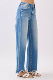 HIGH RISE STRETCH  WIDE LEG W/ DESTROYED HEM JEANS