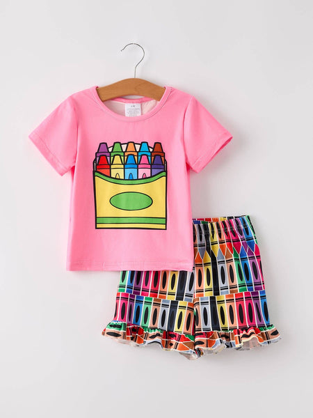 Back To School Girls Ruffled Crayon Print Shorts Set