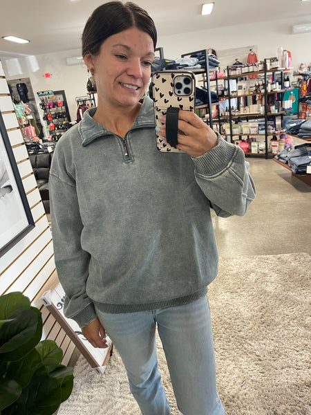 Kelly Acid Wash Fleece Half Zip Pullover - Ash Jade