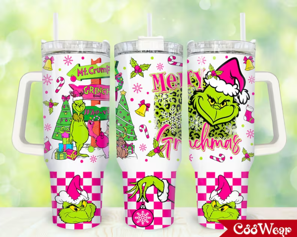 Pink Merry Grinchmas 40oz Tumbler with Handle
