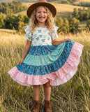 Girls Fall Ava Blue Bow Floral Tiered Twirl Dress