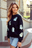 Glitter Ghost Pattern Crew Neck Halloween Sweatshirt