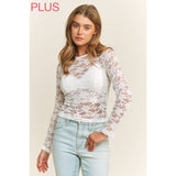 PLUS CHIC FLORAL LACE ROUND NECK LONG SLEEVE FITTED - White