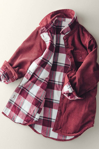 Plaid Lined Corduroy Flannel Shacket - Burgundy