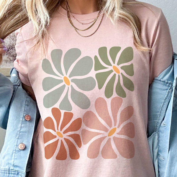 Neutral Hippie Flower Floral 70s 60s Boho Earth Graphic Tee