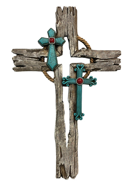 Cross 2 Turquoise Crosses on Wood 9.8"X1"X15.3", 1/12/case