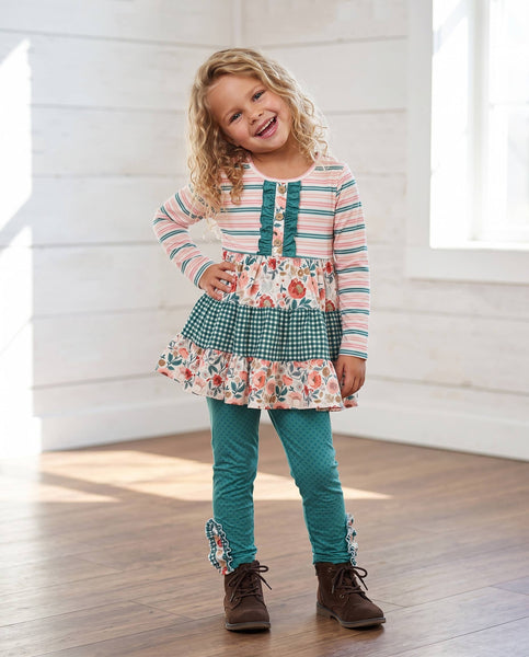 Girls Fall Woodland Bloom Floral Green 3 Tiered Pant Set