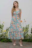 Watercolor Floral Print Ruffle Midi Dress