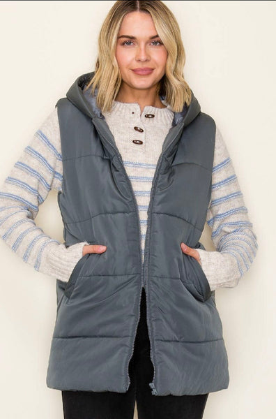 HOODED SOLID DUSTER PUFFER VEST - Dark Green