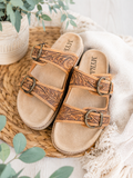 Willow Bloom Handtooled Leather Sandals in Ashen Brown