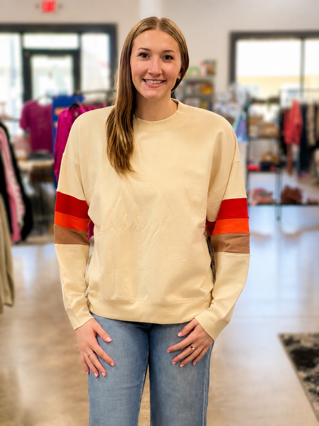 Vintage Oversized Crew: Oatmilk with Scarlet/Hot Coral/Mocha Stripes