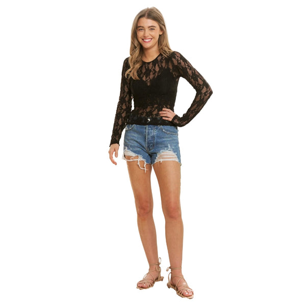 PLUS CHIC FLORAL LACE ROUND NECK LONG SLEEVE FITTED - Black