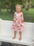 Pumpkin Peekaboo 3/4 Sleeve Pocket Twirl Dress