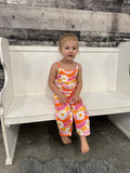 Kids Tangerine & Pink Retro Floral Jumpsuit With Pockets