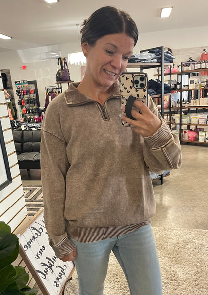 Kelly Acid Wash Fleece Half Zip Pullover - Mocha