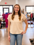 RIBBED CREW NECK SHORT CUFF SLEEVE KNIT TOP - Cream