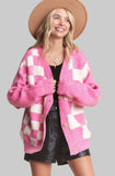 PLUS PUFF CHECKER SWEATER CARDIGAN - Fuchsia