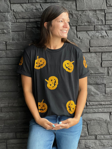 Glittering Pumpkin Face Graphic Crewneck Halloween Tee
