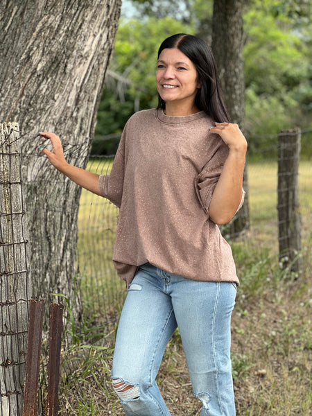 Rhinestone Studded Oversized Tee - Mocha