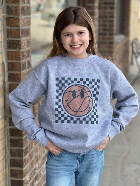 Checkered Distressed Basketball Youth Crewneck Pullover