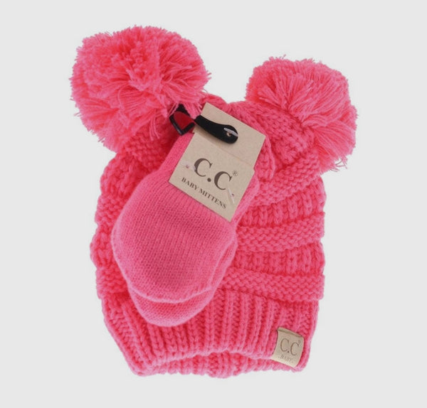 Baby Double Pom Pom With Mitten Set
