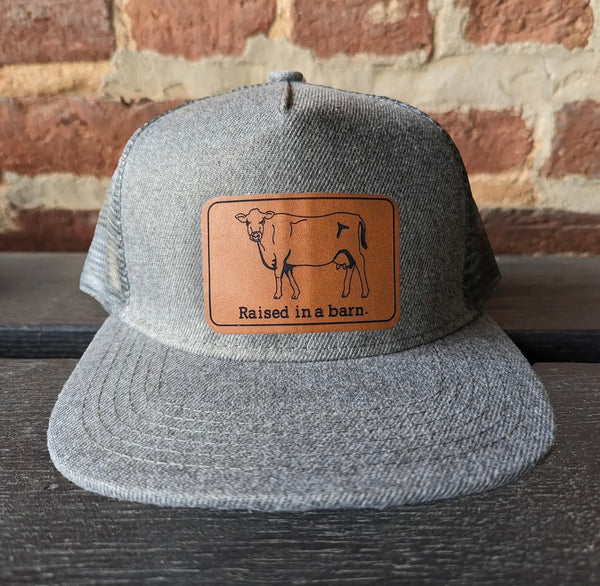 Youth "Raised in A Barn" Cow, Charcoal Mesh Trucker Hat