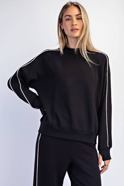 MODAL SCUBA TWO STRIPE PIPING MOCK NECK TOP - Black