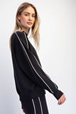 MODAL SCUBA TWO STRIPE PIPING MOCK NECK TOP - Black