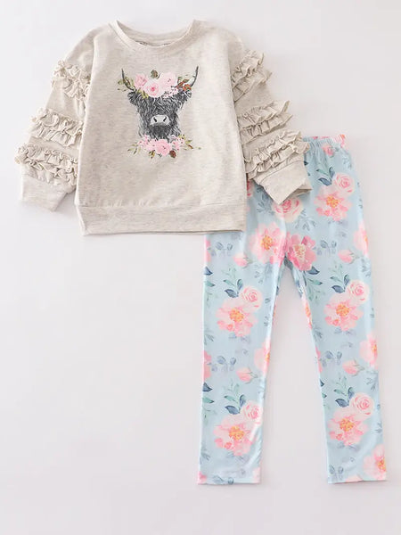 Grey Cow Floral Ruffle Girl Set