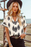 Boho Geometric Print Short Sleeve V Neck Blouse