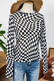 Western Checkered Pattern Mesh Mock Neck Long Sleeve Top