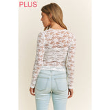 PLUS CHIC FLORAL LACE ROUND NECK LONG SLEEVE FITTED - White