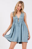 PLEATED TIE FRONT DENIM WASHED ROMPER